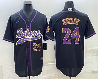Mens Los Angeles Lakers #24 Kobe Bryant Number Black With Patch Cool Base Stitched Baseball Jersey